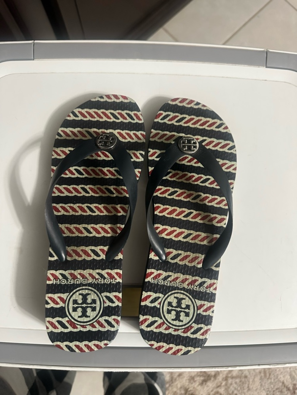 Tory Burch Navy, Cream & Red Rope-Print Flip Flops